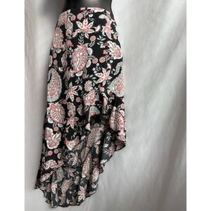 Shein Paisley Floral Black Midi Skirt Ruffle Trim Size M/6 Cottagecore Prairie